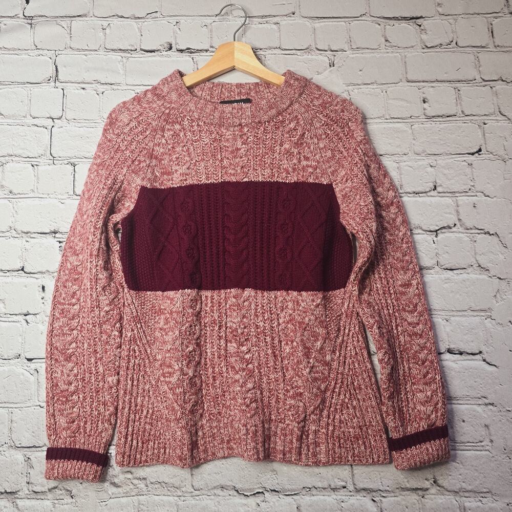Naadam Merino Wool Cashmere Raspberry Maroon Stripe Crew Neck Knit Sweater‎ Sz M